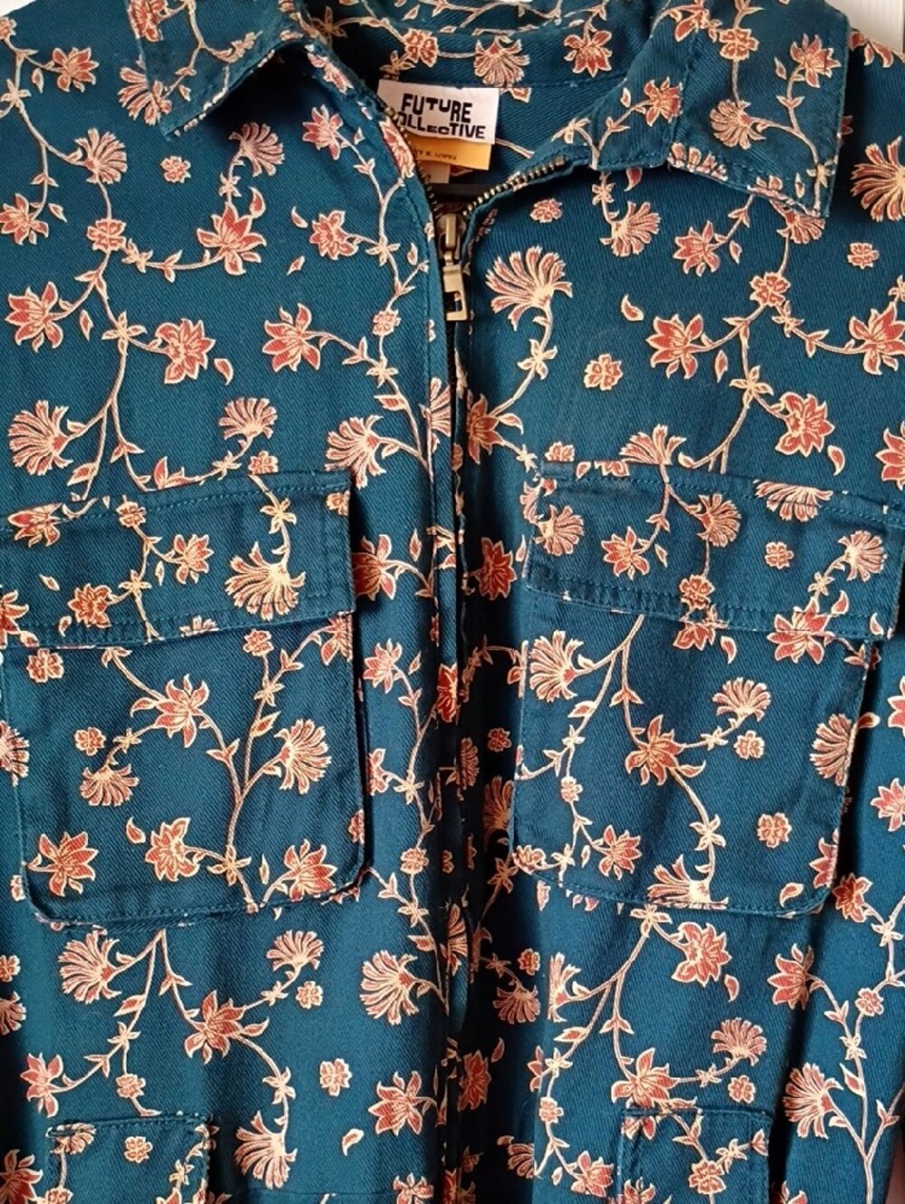 Teal Floral Utility Jumpsuit NWOT By Future Collective Size 12 - Picture 3 of 10
